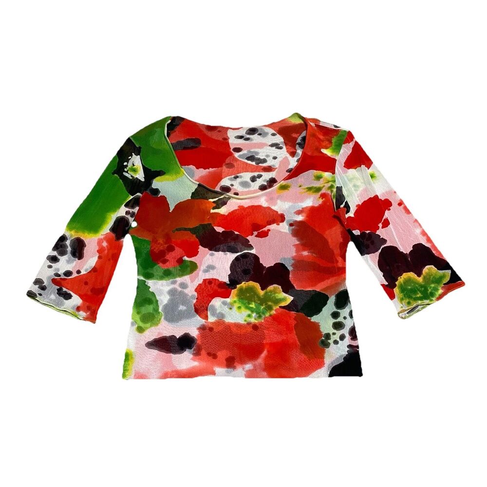 Peter Cohen Blouse Womens L Watercolor Art Abstract Mesh Sheer Designer Top